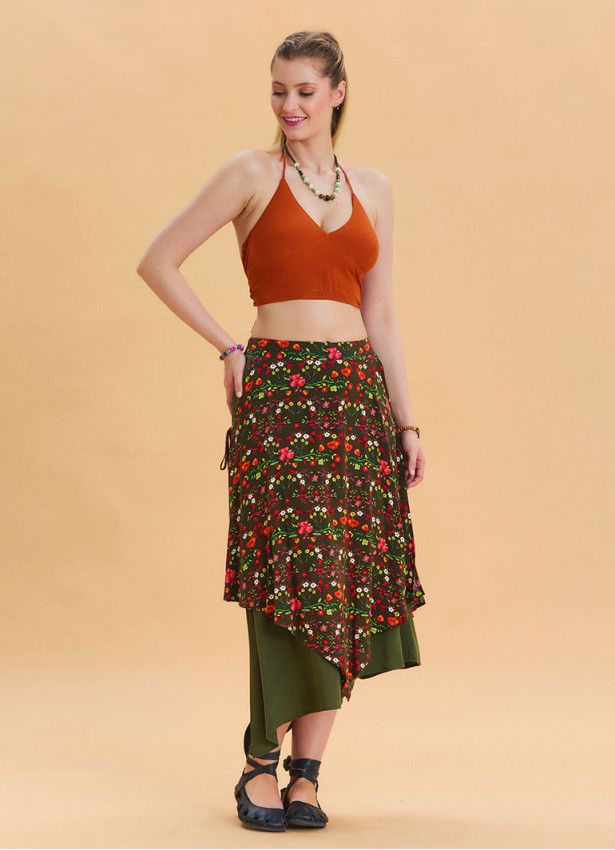 Green Casual Skirt with Elastic Waist and Tie Detail 4521